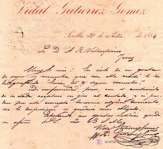 Cartas comerciais: SEVILLA 19 DE JUNIO DE 1884.CARTA COMERCIAL VIDAL GUTIERREZ GOMEZ
