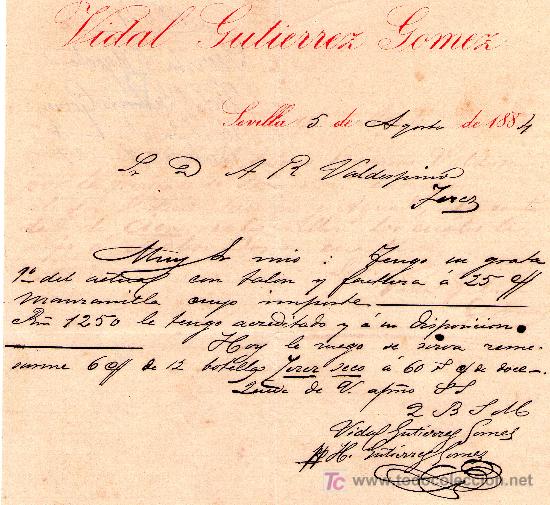 Cartas comerciais: SEVILLA 4 DE JULIO DE 1884.CARTA COMERCIAL VIDAL GUTIERREZ GOMEZ