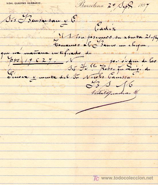Cartas comerciais: BARCELONA 29 DE AGOSTO 1897.CARTA COMERCIAL VIDAL QUADRAS HERMANOS