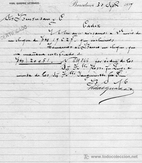 Cartas comerciais: BARCELONA 30 DE AGOSTO 1897.CARTA COMERCIAL VIDAL QUADRAS HERMANOS