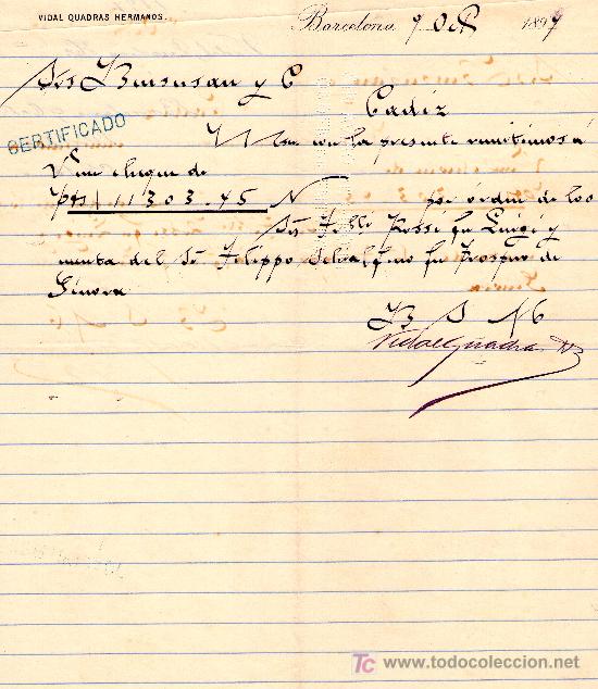 Cartas comerciais: BARCELONA 7 DE OCTUBRE 1897.CARTA COMERCIAL VIDAL QUADRAS HERMANOS