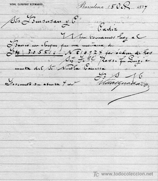 Cartas comerciais: BARCELONA 15 DE OCTUBRE 1897.CARTA COMERCIAL VIDAL QUADRAS HERMANOS