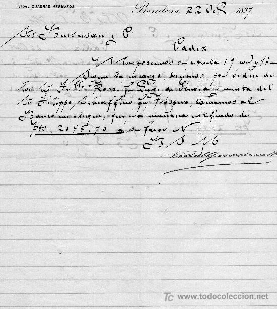 Cartas comerciais: BARCELONA 22 DE OCTUBRE 1897.CARTA COMERCIAL VIDAL QUADRAS HERMANOS