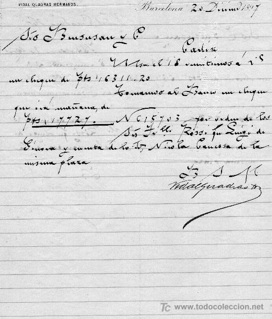 Cartas comerciais: BARCELONA 20 DE DICIEMBRE 1897.CARTA COMERCIAL VIDAL QUADRAS HERMANOS