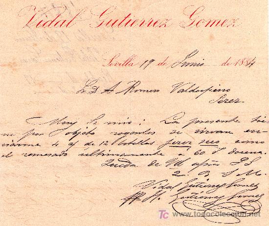 Cartas comerciais: SEVILLA 5 DE AGOSTO DE 1884.CARTA COMERCIAL VIDAL GUTIERREZ GOMEZ