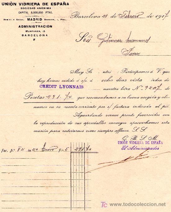 Cartas comerciais: BARCELONA 21 FEBRERO DE 1917. CARTA COMERCIAL UNION VIDRIERA DE ESPA&Ntilde;A