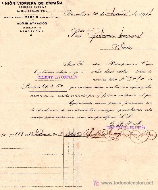 Cartas comerciais: BARCELONA 14 MARZO DE 1917. CARTA COMERCIAL UNION VIDRIERA DE ESPA&Ntilde;A