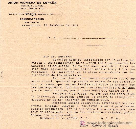 Cartas comerciais: BARCELONA 16 MARZO DE 1917. CARTA COMERCIAL UNION VIDRIERA DE ESPA&Ntilde;A
