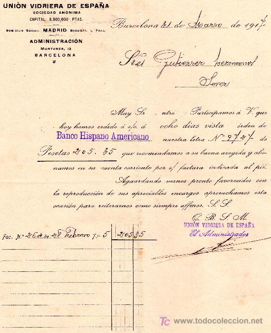 Cartas comerciais: BARCELONA 31 MARZO DE 1917. CARTA COMERCIAL UNION VIDRIERA DE ESPA&Ntilde;A