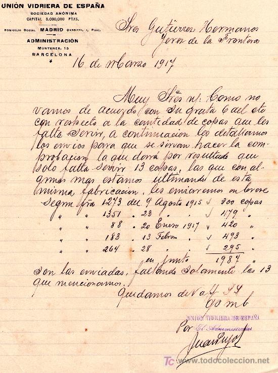 Cartas comerciais: BARCELONA 22 MARZO DE 1917. CARTA COMERCIAL UNION VIDRIERA DE ESPA&Ntilde;A