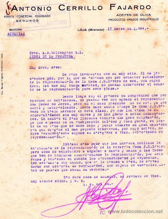Cartas comerciales: LOJA(GRANADA)17 DE MARZO DE 1944.CARTA COMERCIAL ANTONIO CERRILLO FAJARDO ACEITES DE OLIVA