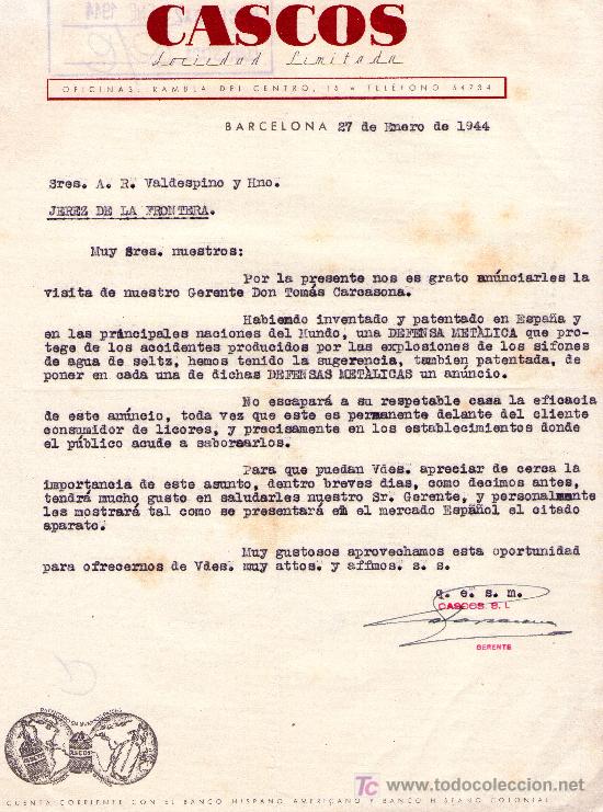 Cartas comerciales: BARCELONA 27 DE ENERO DE 1944.CARTA COMERCIAL CASCOS OFICINAS RAMBLA DEL CENTRO, 15