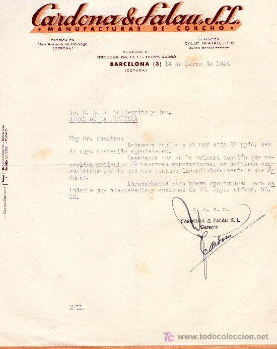 Cartas comerciales: BARCELONA 14 DE MARZO DE 1944.CARTA COMERCIAL CARDONA&FALAU,J.L. MANUFACTURAS DE CORCHO