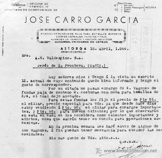 Cartas comerciales: ASTORGA 15 DE ABRIL DE 1944.CARTA COMERCIAL JOS&Eacute; CARRO GARC&Iacute;A