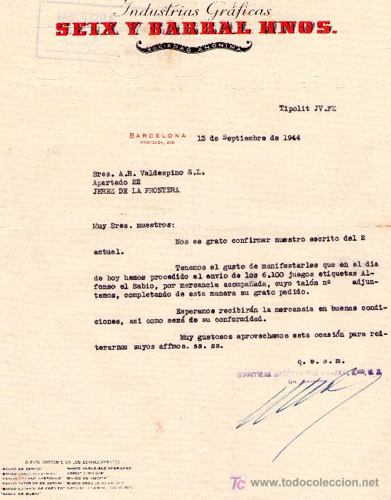 Cartas comerciales: BARCELONA 13 DE SEPTIEMBRE DE 1944.CARTA COMERCIAL SEIX Y BARRAL HNOS. INDUSTRIAS GRAFICAS