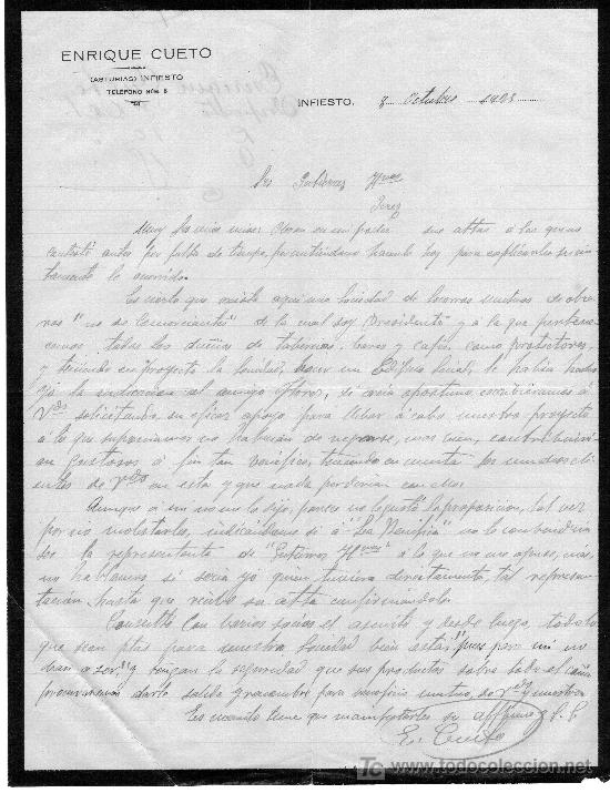 Cartas comerciales: INFIESTO, 8 DE OCTUBRE DE 1925.CARTA COMERCIAL ENRIQUE CUETO