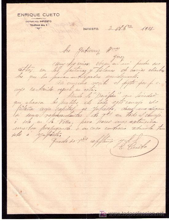 Cartas comerciales: INFIESTO, 3 DE NOVIEMBRE DE 1925. CARTA COMERCIAL ENRIQUE CUETO