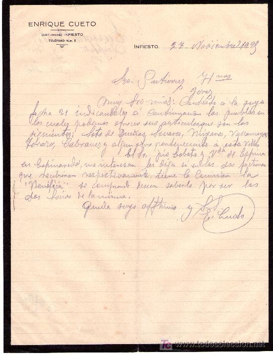 Cartas comerciales: INFIESTO, 27 DE NOVIEMBRE 1925.CARTA COMERCIAL ENRIQUE CUETO