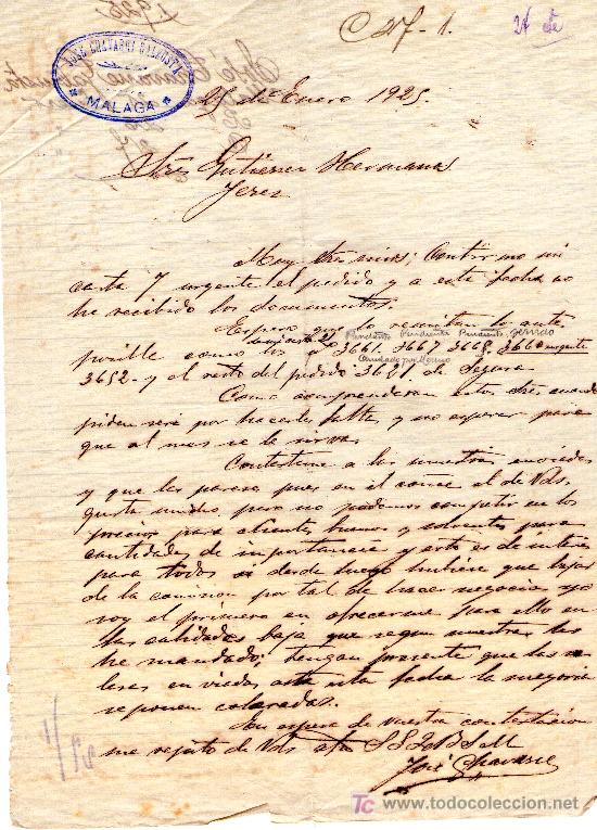 Cartas comerciales: MALAGA 25 DE ENERO 1925.CARTA COMERCIAL JOSE CHAVARRI GALZUSTA