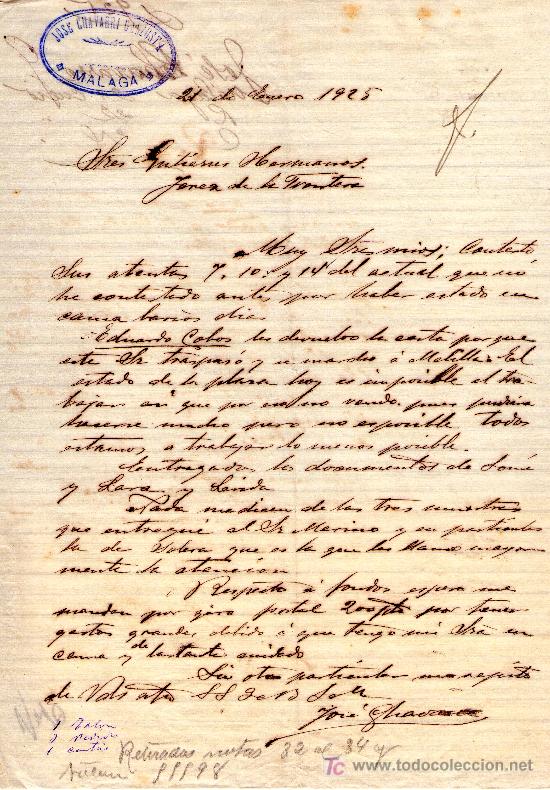 Cartas comerciales: MALAGA 21 DE ENERO 1925.CARTA COMERCIAL JOSE CHAVARRI GALZUSTA