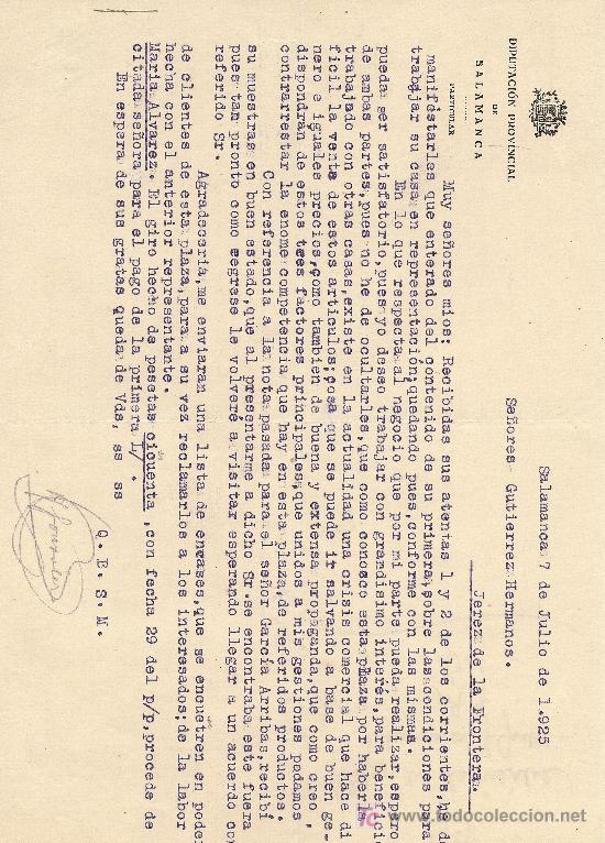 Cartas comerciales: SALAMANCA 7 DE JULIO DE 1925. CARTA COMERCIAL DIPUTACION PROVINCIAL DE SALAMANCA