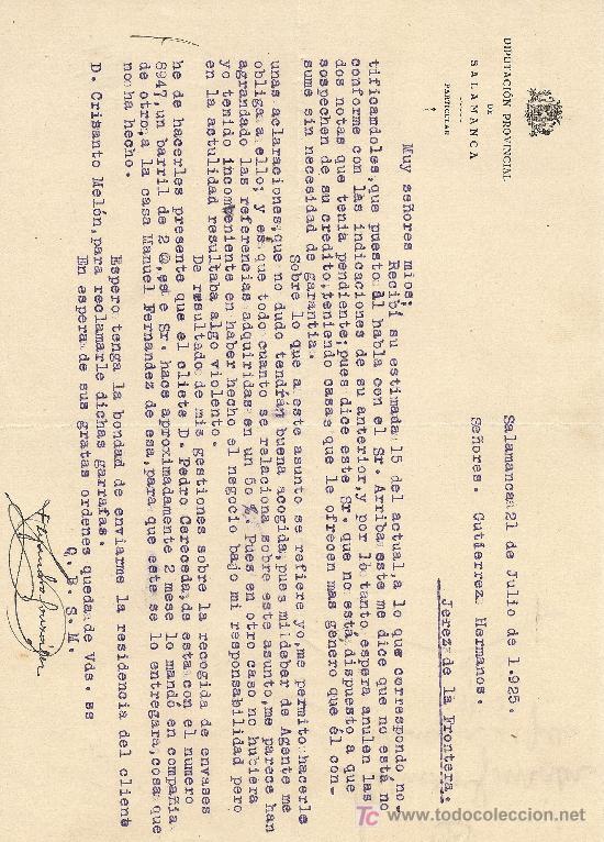 Cartas comerciales: SALAMANCA 21 DE JULIO DE 1925. CARTA COMERCIAL DIPUTACION PROVINCIAL DE SALAMANCA