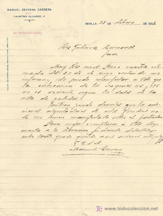 Cartas comerciales: SEVILLA 22 DE FEBRERO DE 1925. CARTA COMERCIAL MANUEL CERVERA CARRERA FAUTINO ALVAREZ