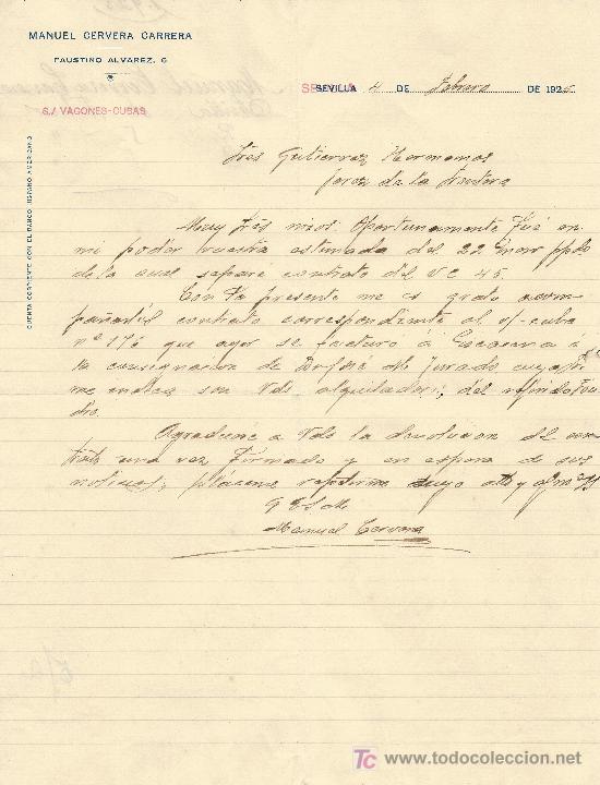 Cartas comerciales: SEVILLA 4 DE FEBRERO DE 1925. CARTA COMERCIAL MANUEL CERVERA CARRERA FAUTINO ALVAREZ
