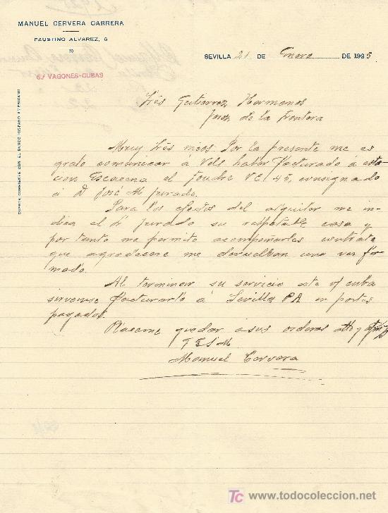 Cartas comerciales: SEVILLA 21 DE ENERO DE 1925. CARTA COMERCIAL MANUEL CERVERA CARRERA FAUTINO ALVAREZ