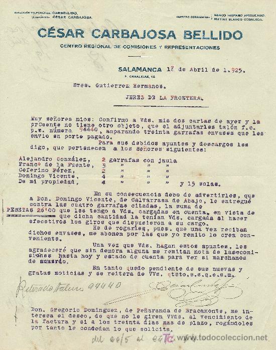 Cartas comerciales: SALAMANCA 17 DE ABRIL DE 1925. CARTA COMERCIAL CESAR CARBAJOSA BELLIDO
