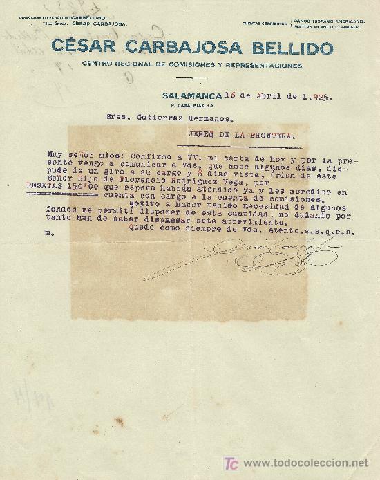 Cartas comerciales: SALAMANCA 16 DE ABRIL DE 1925. CARTA COMERCIAL CESAR CARBAJOSA BELLIDO