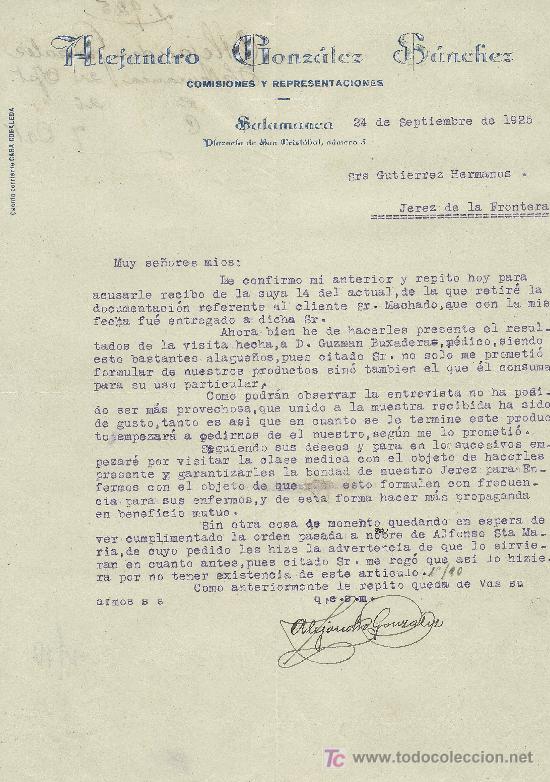 Cartas comerciales: SALAMANCA 24 DE SEPTIEMBRE DE 1925. CARTA COMERCIAL ALEJANDRO GONZALEZ SANCHEZ