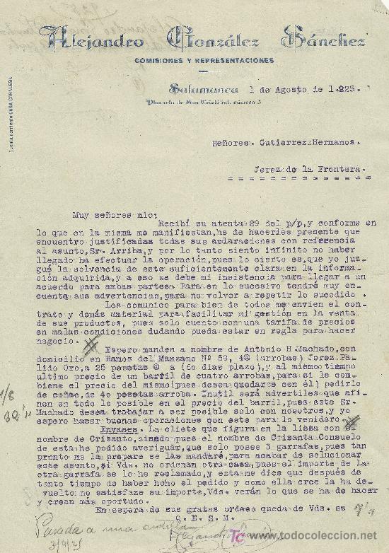 Cartas comerciales: SALAMANCA 1 DE AGOSTO DE 1925. CARTA COMERCIAL ALEJANDRO GONZALEZ SANCHEZ