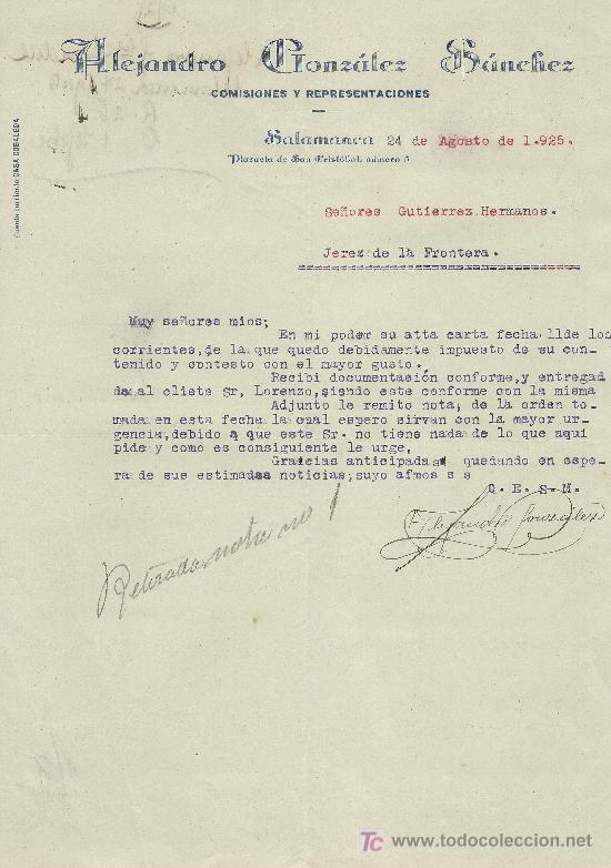 Cartas comerciales: SALAMANCA 24 DE AGOSTO DE 1925. CARTA COMERCIAL ALEJANDRO GONZALEZ SANCHEZ