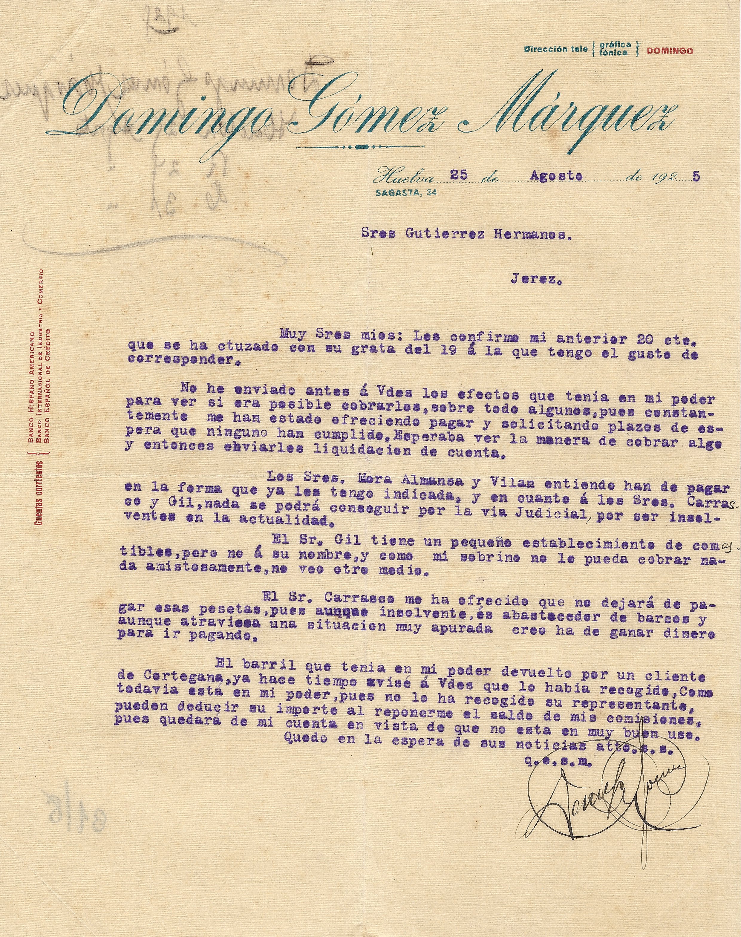 Cartas comerciales: HUELVA 25 DE AGOSTO DE 1925. CARTA COMERCIAL DOMINGO GOMEZ MARQUEZ