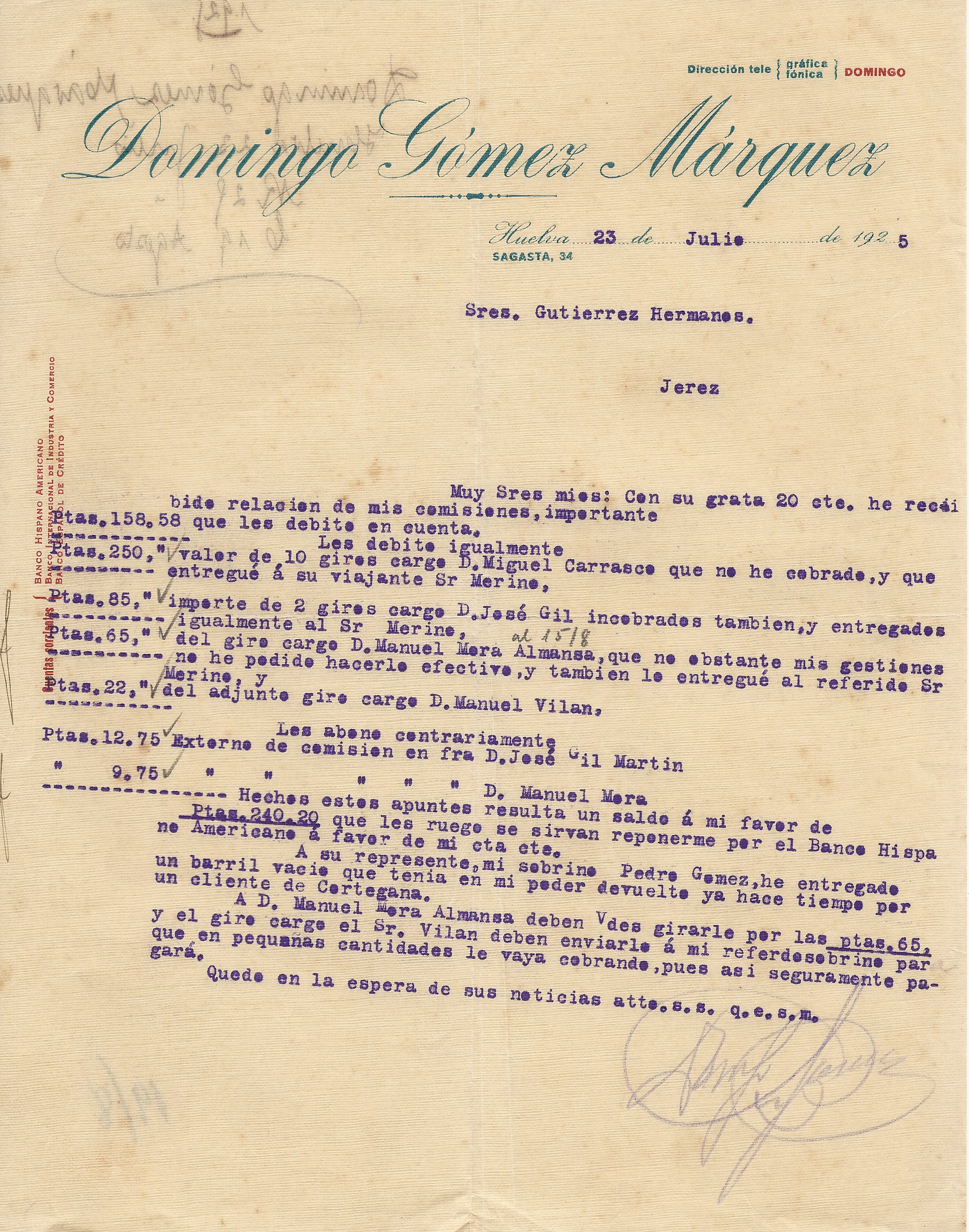 Cartas comerciales: HUELVA 23 DE JULIO DE 1925. CARTA COMERCIAL DOMINGO GOMEZ MARQUEZ