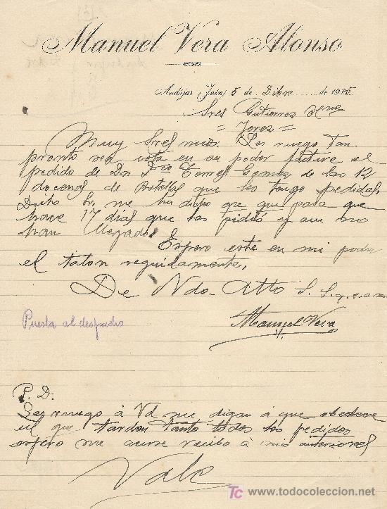 Cartas comerciales: ANDUJAR (JAEN)5 DE DICIEMBRE DE 1925. CARTA COMERCIAL MANUEL VERA ALONSO
