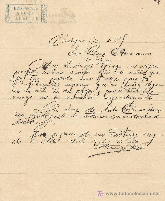 Cartas comerciales: ANDUJAR (JAEN)26 DE ENERO DE 1925. CARTA COMERCIAL MANUEL VERA ALONSO