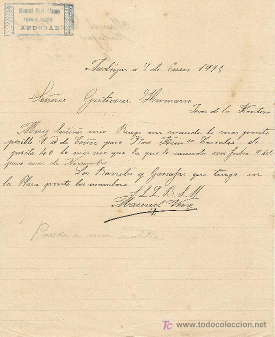 Cartas comerciales: ANDUJAR (JAEN)7 DE ENERO DE 1925. CARTA COMERCIAL MANUEL VERA ALONSO
