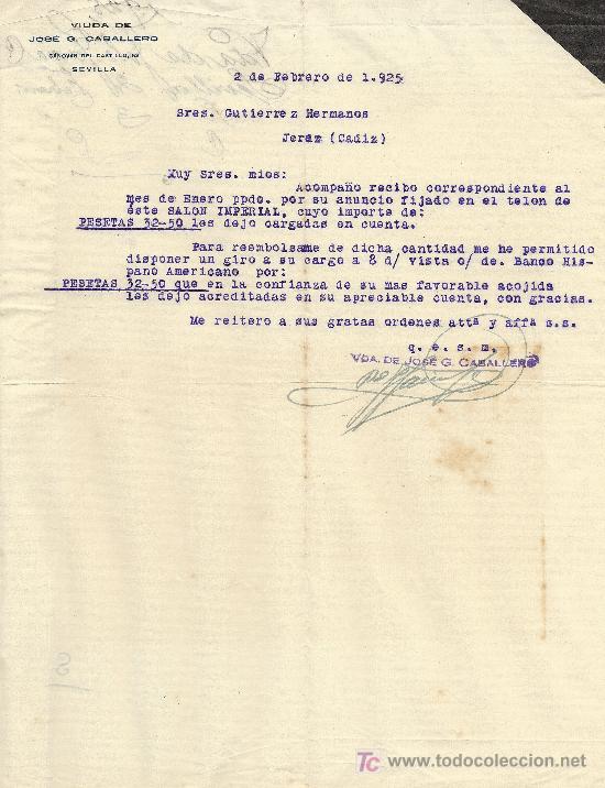 Cartas comerciales: SEVILLA 2 DE FEBRERO DE 1925. CARTA COMERCIAL VDA. DE JOSE G CABALLERO
