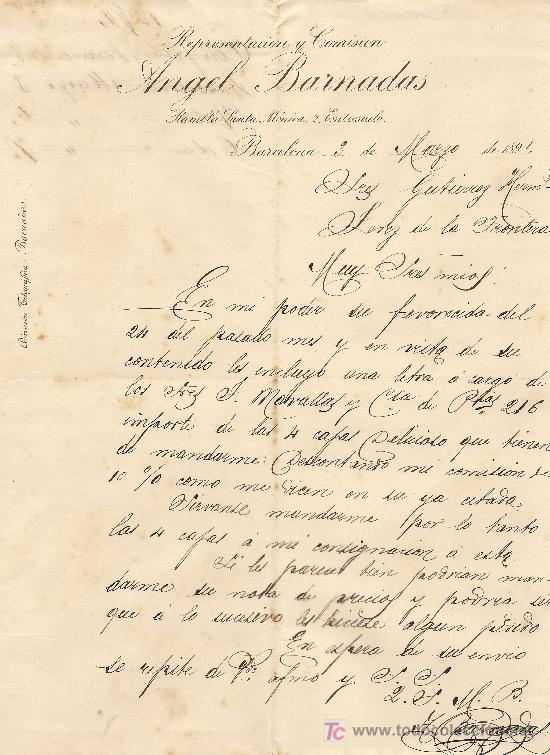 Cartas comerciales: BARCELONA 3 DE MARZO DE 1891. CARTA COMERCIAL ANGEL BARNADAS REPRESENTACION Y COMISION