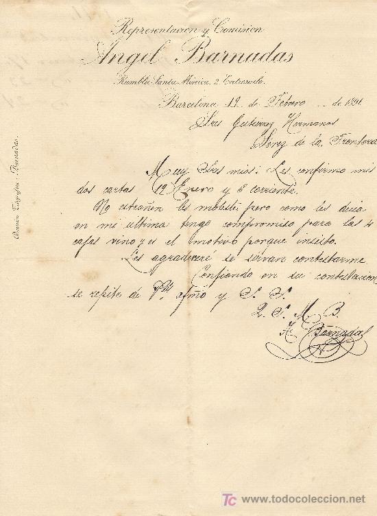 Cartas comerciales: BARCELONA 19 DE FEBRERO DE 1891. CARTA COMERCIAL ANGEL BARNADAS REPRESENTACION Y COMISION