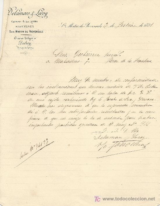 Cartas comerciales: SAN MARTIN DE PROVENSALS 3 DE JULIO DE 1891. CARTA COMERCIAL DELAMARE & LEROY CARRETERA DE LOS ANGE