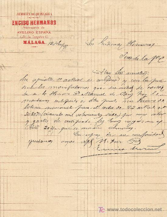 Cartas comerciales: MALAGA 12 DE DICIEMBRE DE 1891. CARTA COMERCIAL  ENCISO HERMANOS
