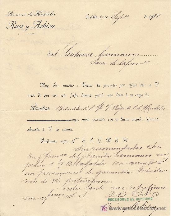Cartas comerciales: SEVILLA 30 DE SEPTIEMBRE DE 1891. CARTA COMERCIAL  SUCESORES DE HUIDOBRO RUIZ Y ARBIZU