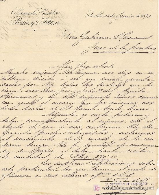 Cartas comerciales: SEVILLA 18 DE JUNIO DE 1891. CARTA COMERCIAL  SUCESORES DE HUIDOBRO RUIZ Y ARBIZU