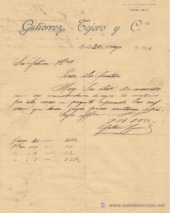 Cartas comerciales: SEVILLA 20 DE MAYO DE 1891. CARTA COMERCIAL  GUTIERREZ, TEJERO Y CIA