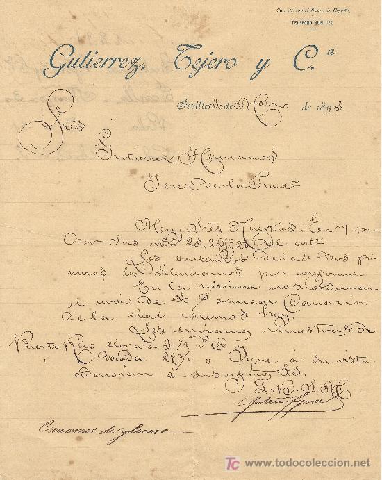 Cartas comerciales: SEVILLA 30 DE MARZO DE 1891. CARTA COMERCIAL  GUTIERREZ, TEJERO Y CIA