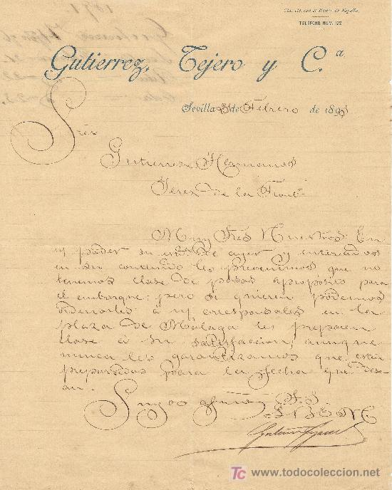 Cartas comerciales: SEVILLA 20 DE FEBRERO DE 1891. CARTA COMERCIAL  GUTIERREZ, TEJERO Y CIA