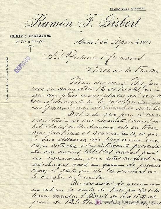 Cartas comerciales: ALICANTE 16 DE SEPTIEMBRE DE 1911. CARTA COMERCIAL RAM&Oacute;N F. GISBERT